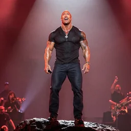 dwayne johnson standing on a rock and singing in a rock concert