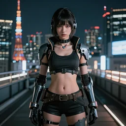 A channel like beautiful cg portrait of a cyberpunk warrior girl wearing mecha cyber suit, symmetrical photorealism face and wardrobe by WLOP, on rooftop Tokyo night, dramatic light, rim light, unreal engine render.