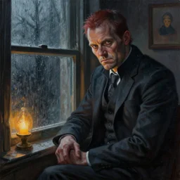a photorealistic highly detailed painting of agent 4 7 in hell next to a cozy rainy window by johfra bosschart, lisa frank, kinkade, visionary art, dark fantasy art, high detail, trending on artstation