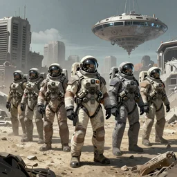 detailed ultra - realistic graphic novel illustration of patrolling squad dressed space suits, desolated city district, space colony, by famous digital artists, cinematic, full shot