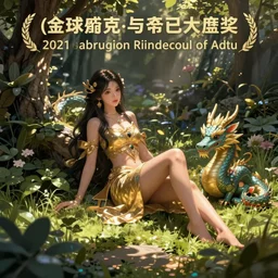 young asian sorceress lounging in the garden with her pet dragon, digital 2d fantasy art