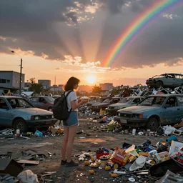 wide photo of young woman in mini short with backpack looking at food at garbage dump, destroyed cars, city is pure wasteland, moody sunset background, rays of sunlights, ( ( ( rainbow ) ) ), high details, sharp, photorealism, greg rutkowski, artgerm, unreal engine, highly detailed