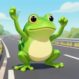 anthropomorphic frog protesting on a freeway