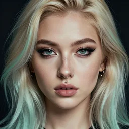 girl blonde hair, mint higlights, strong eyelashes, cute nose and lips makeup, nose piercing, detailed portrait, intricate complexity, by greg rutkowski, artgerm, ross tran, conrad roset, takato yomamoto, ilya kuvshinov. 4 k, beautiful, cinematic dramatic atmosphere