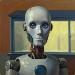 biomechanical robot with soulful eyes portrait, lowbrow, pj crook, grant wood, edward hopper, oil on canvas