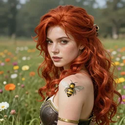 An epic fantasy comic book style portrait painting of a young red headed girl with a golden bee tattoo on her shoulder in a field of flowers , unreal 5, DAZ, hyperrealistic, octane render, cosplay, RPG portrait, dynamic lighting