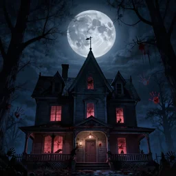 in the style of tim jacobus goosebumps, gerald brom, j. c. leyendecker, spooky house, upward angle, night time, blood moon, bloody handprints