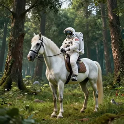 american astronaut in an indian forest riding a beautiful white horse, plants environment, wide angle, cinematic lighting, atmospheric, ultrarealistic, trending on artstation, cgsociety, highly detailed, color graded, in the style of craig mullins, rendered in Unreal Engine 4k HQ, horizon forbidden west