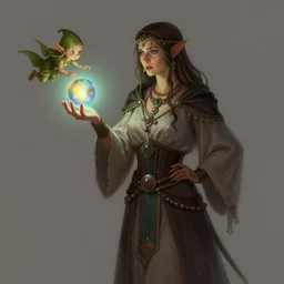 a digital concept art of a fortune - telling gypsy, a magic ball in her hand, a small elf flying beside her by greg rutkowski