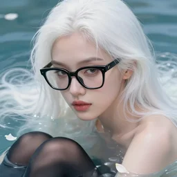 a beautiful + white hair + cool black glasses + tights + ana de armas + dream water, beautiful smooth soft light + white petal, oil paint, cinematic lighting, octane render, unreal engine 5, closeup, 4 k, highly detailed, instagram,
