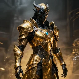 a sci fi quarter - length portrait of a shadow demon wearing ornate armor made of sci fi metal plates, cinematic lighting, smooth, high detail, dark fantasy, unreal engine, octane render, by vitaly bulgarov artstation, golden rule, sense of action, fog volumes, hard surface character pinterest, vivid color glow, post processing, cgsociety