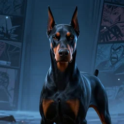 portrait of an antropomorphic doberman creature, black hair, human body, angry look, ready for battle, masterpiece, mattepainting concept blizzard pixar maya engine on cold night stylized background splash comics global illumination lighting artstation lois van baarle, ilya kuvshinov, rossdraws