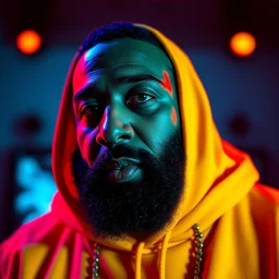 ultra detailed portrait photo of dj khaled in a studio, blue, under red and yellow cinematic lighting, digital painting, android jones