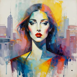 abstract portrait of female shape, city in the background, beautiful abstract female shape, rule of thirds, face symmetry, colourful spray paint splatters, expressive, abstract art, by greg rutkowski, by jeremy mann, by francoise nielly, 4 k, 8 k, correct body proportion, cinematic style, female shape shadow in a city