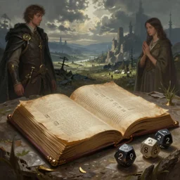 ancient Book and d20 dice, arkham horror art by John Pacer and olivia mcbride, digital painting, artstation, smooth, sharp focus, illustration