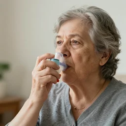 old lady using inhaler stock image