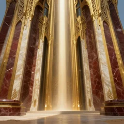 futuristic god temple with gold, red and white marble panels, shafts of sunlight in the centre, in the desert, by h r giger, intricate contemporary architecture with art nouveau motifs, photo journalism, photography, cinematic, national geographic photoshoot