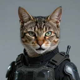 art by greg rutkowski, portrait of a humanoid feline, pointed ears, predatory gaze, notorious fangs, wearing a futuristic tactical gear, sharp focus, cinematic lighting, artstation hq.