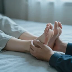 a woman getting her feet rubbed by her husband, calming, lofi