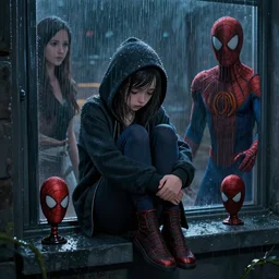 outdoors : sadie sink peter parker in hoodie sits on windowsill, knees tucked in | rain falls at night : storyboard, scifi cyberpunk. by gabriel hardman, joe alves, chris bonura. cinematic atmosphere, detailed and intricate, perfect anatomy