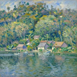 small lakefront jungle fishing town, matte painting, trending on artstation, style of Monet, van rysselberghe