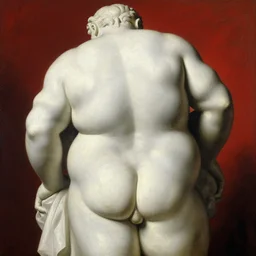 a beautiful painting of back of fat human stone white statue, close - up, oil paint, classic art, 1 6 century style, volume light, in the style of beksinski, parts by edward hopper, parts by rodcenko, parts by yue minjun, diego velazquez, intricate and epic composition, red by caravaggio, insanely quality, highly detailed,