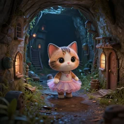 a cute kitten wearing a tutu dress is on an adventure through an abandoned underground sewer town in the night, 3d scene, render, ultra realistic, zenith view, Greg Rutkowski, artstation, cgsociety, level design, unreal engine, 3d scene, render, ultra realistic, Enki Bilal style