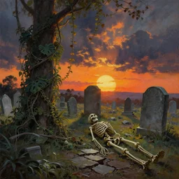 jungle vines, big graveyard gravestones, skeleton corpse, dramatic sky, ground broken, strong backlight, dramatic sunset, oil painting landscape by frazetta