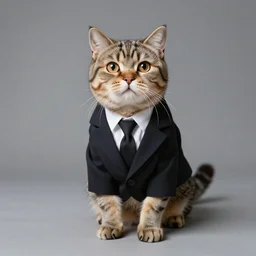 Full length Portrait of a tabby British shorthair cat in a suit, wide angle, digital art