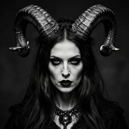 close up portrait of a scandinavian undead witch female with ram horns, satanic kvlt by peder balke by peder balke by greg rutkowski, by guido crepax by norman bluhm mystic high contrast monochromatic noir angst pagan magic
