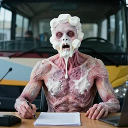 a perfect portrait of a bus driver giving a deposition. his skin is expanding and bursting. leaking molten marshmallow from the fissures in his stretched, agonising skin.