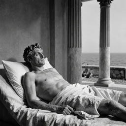 1 9 6 0 s movie still by tarkovsky portrait of emperor marcus aurelius, skinny and ill in his bed with drapery in a ancient rome room with columns next to the ocean, cinestill 8 0 0 t 3 5 mm b & w, high quality, heavy grain, high detail, cinematic composition, dramatic light, anamorphic, hyperrealistic, josef sudek