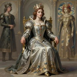 kneeling before a proud queen,  sitting in a chair while posing for a photo, medieval art, medium shot, intricate, elegant, highly detailed, digital painting, volumetric light, artstation, concept art, smooth, sharp focus, illustration, art by Gil Elvgren and Greg Rutkowski and Alphonse Mucha, 8K