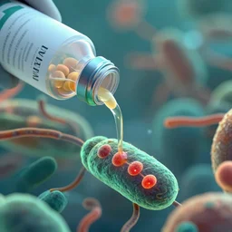 a bottle of antibiotics being poured on strong bacteria