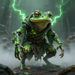character design, biomechanical frog, tattered robe and hood, green lightning, fog, scary, arrogant, hostile, photorealistic, cinematic, hyper realistic, octane render, 8 k, wide angle