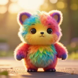 a cute colorful furby, photography, golden hour, bokeh, colorful, saturated, cinematic lighting, volumetric light, 8 k