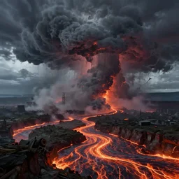 cataclysm with a huge storm and rivers of lava, fantasy, concept art, artstation, hd 4 k