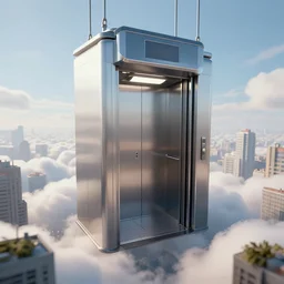 matte painting elevator hanging from the clouds. dynamic perspective. urban, detailed digital art trending in artstation