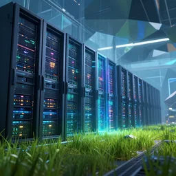 huge scene, hi tech digital interior, by jordan grimmer, beautiful, blured polygonal geometric, cyberpunk space, grass, detailed, cinematic view, concept art, business technology, abstract data center server, volumetric, vivid, art greg rutkowski, trending on artstation, high detail