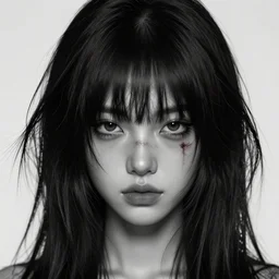19-year-old girl with shaggy black hair, hair over her eyes, very long bangs, hime cut, gray skin, scar, battle scar, face close up, digital art
