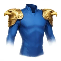 concept arts of a blue hero costume with golden eagles heads on the shoulders as shoulder pad