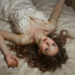highly detailed portrait of beautiful girl wearing night gown laying in her bed, fantasy character portrait, dynamic realistic pose, above view, top lighting, realistic shaded, loose brush strokes, perfect face, 8 k realistic, hyper detailed, digital painting, artstation, concept art, hyper detailed eyes, top lighting, art by peter mohrbacher and artgerm