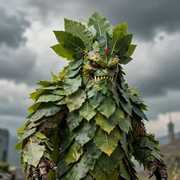 thick clouds behind, macro long depth of field shot of a realistic monster made of leaves, headdress, wide aperture, dramatic light, dystopian environment, intricate, highly detailed, artstation, sharp focus, artgerm