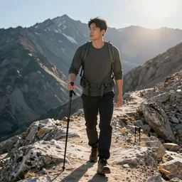 asian man, hiking in rocky mountain, front view, black trousers, sunrays, intricate, elegant, digital painting, highly detailed, artstation, sharp focus, illustration, ruan jia, aleksi briclot, rutkowski