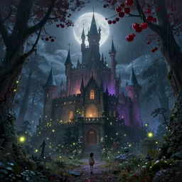 stormy night, created by jan urschel and sylvain sarrailh, in the misty moonlight and mysterious fantasy forest, a huge fairy magic school castle, castle, many fireflies, shimmering effect, magnificent color matching, realistic matte painting, cherry, western magic forest, 4 k clear details, trending on artstation