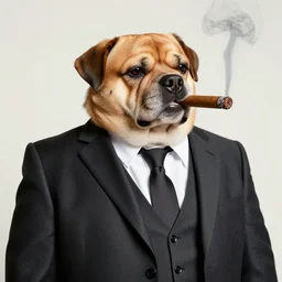 anthropomorphic fat dog wearing a suit and smoking a cigar, portrait photo by annie leibovitz