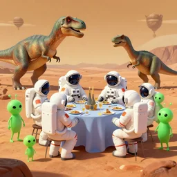 Astronauts are having a party with a green aliens and some dinosaurs on Mars, by Jordan Grimmer, digital art, trending on Artstation,