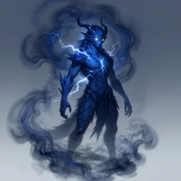 wispy smoky full body illustration of a dark blue air elemental with yellow eyes and lightning; detailed, best on artstation, cgsociety, raymond swanland, cosmic, epic, stunning, masterpiece