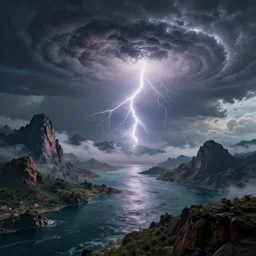 an alien planet with mountains, water, strange clouds, hyper realistic, dramatic lightning, ray tracing, high resolution photo, 8 k