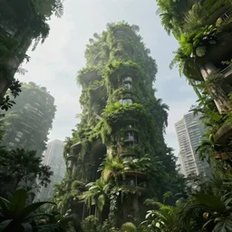 epic low angle view of biophilic design, architecture photography, utopian solarpunk, hyperrealism, photographic, urban green, dramatic, misty, unreal engine 5, 8 k